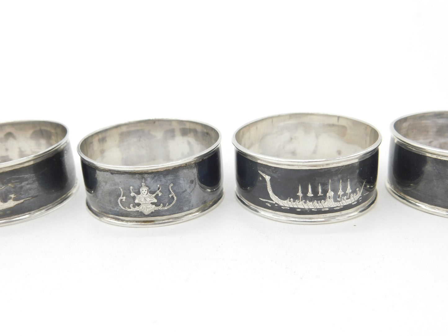 Set of Four Siam Sterling Silver Niello Enamel Napkin Ring Antique c1920