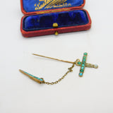 Victorian 9ct Rose Gold, Turquoise & Seed Pearl Sword Form Lapel Brooch c1840