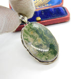 Large Sterling Silver & Moss Agate Drop Pendant Vintage c1970