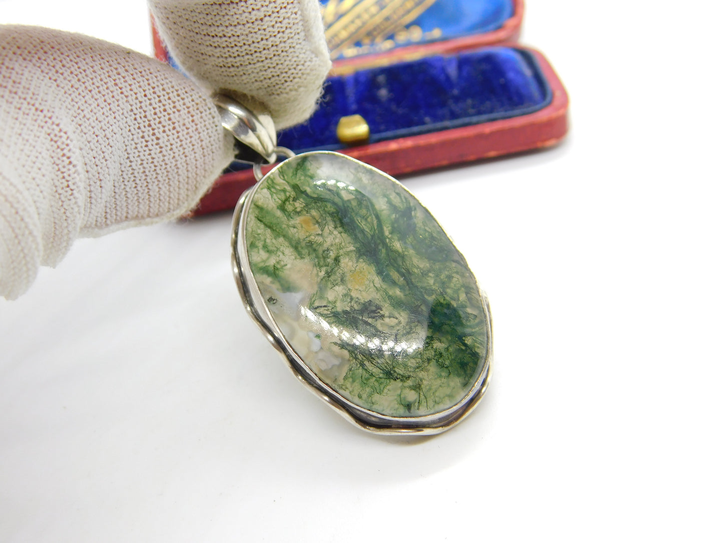 Large Sterling Silver & Moss Agate Drop Pendant Vintage c1970