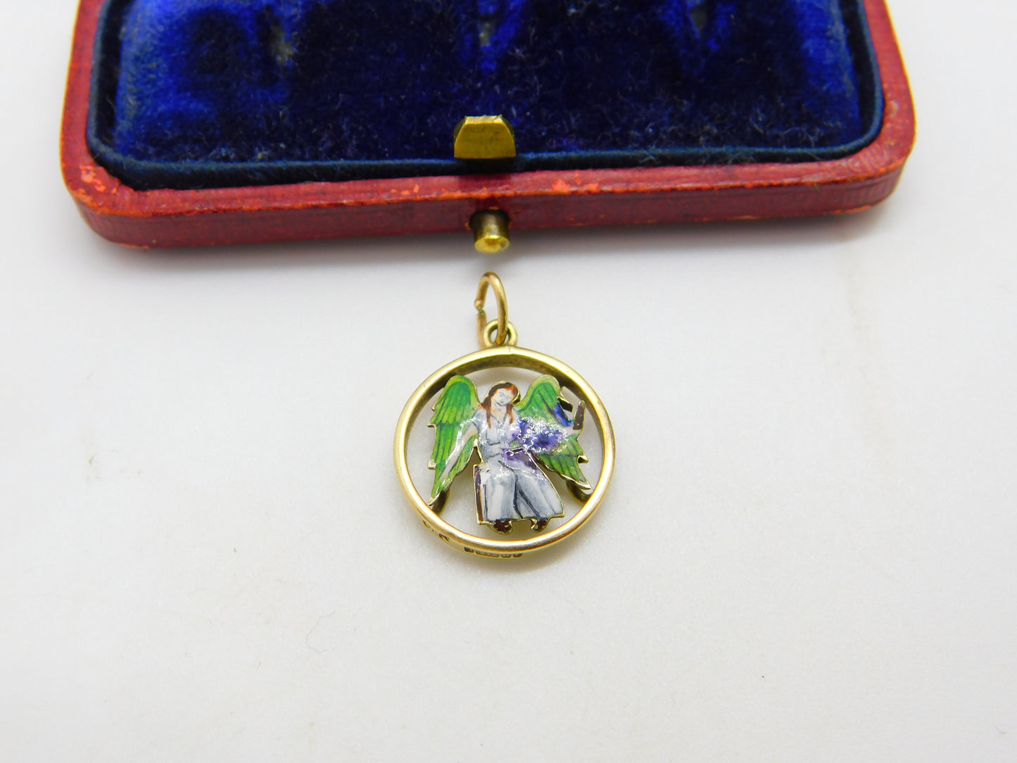 9ct Yellow Gold & Enamel Angel Form Drop Pendant Vintage 1960 Birmingham