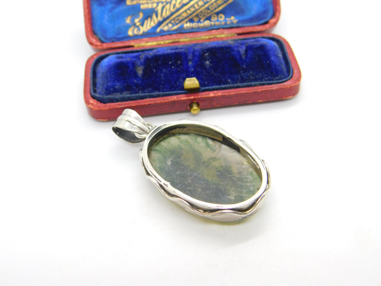 Large Sterling Silver & Moss Agate Drop Pendant Vintage c1970