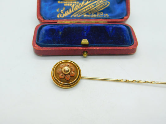 Victorian 18ct Yellow Gold & Coral Set Stick Pin Antique c1880 Etruscan Style