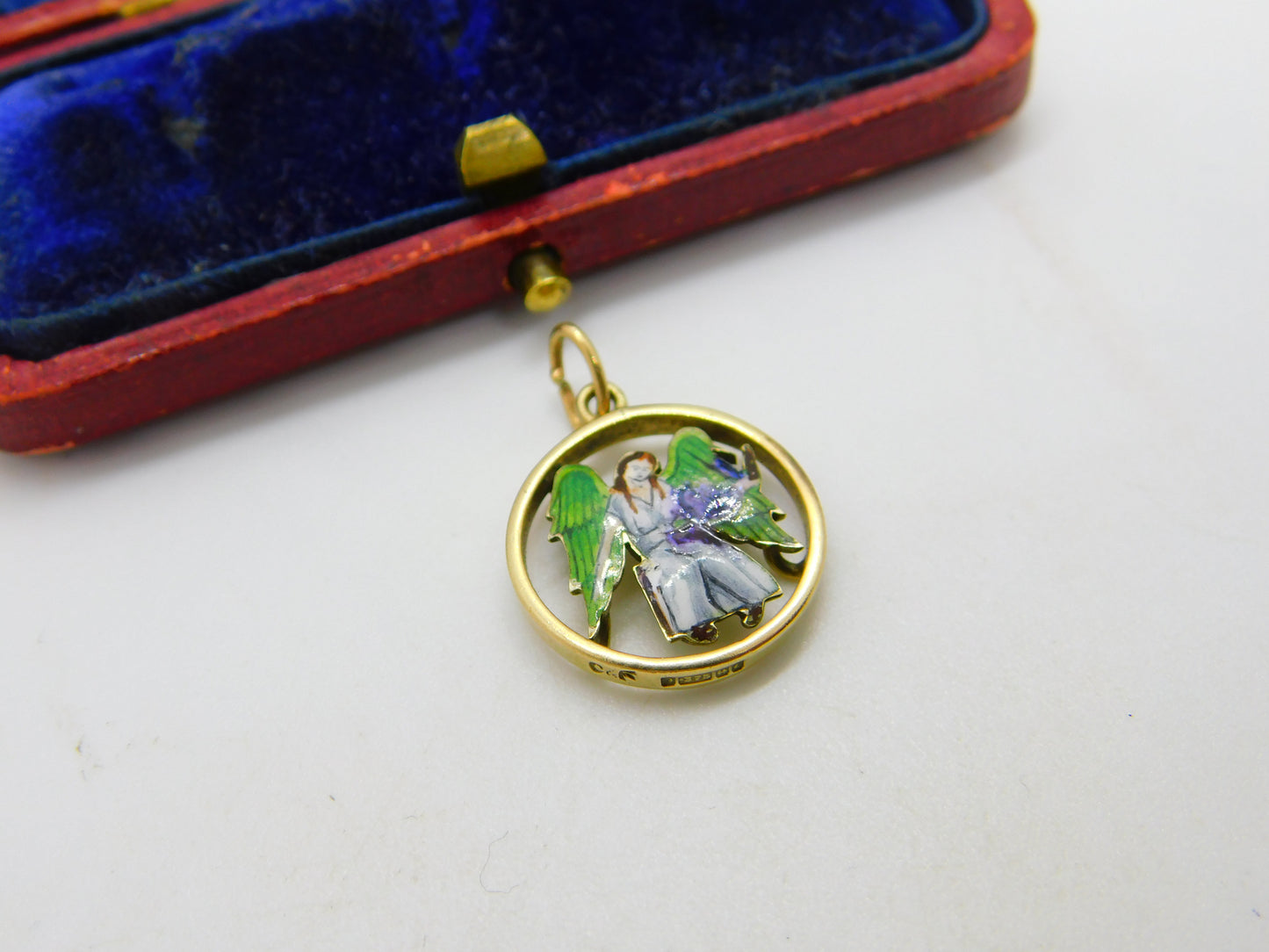 9ct Yellow Gold & Enamel Angel Form Drop Pendant Vintage 1960 Birmingham