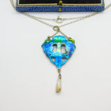 Victorian Art Nouveau Sterling Silver & Blue-Green Enamel Pearl Drop Pendant c1890
