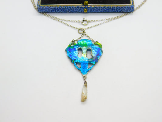 Victorian Art Nouveau Sterling Silver & Blue-Green Enamel Pearl Drop Pendant c1890