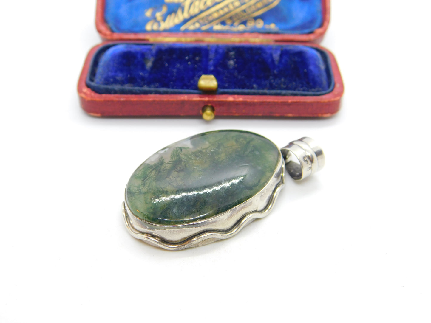 Large Sterling Silver & Moss Agate Drop Pendant Vintage c1970