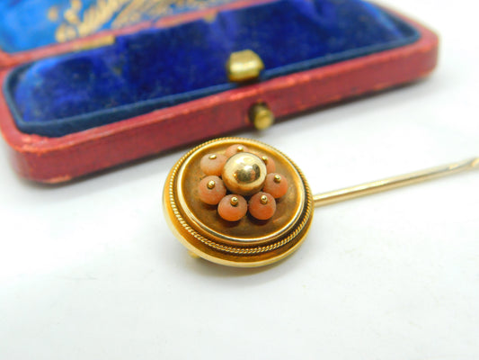 Victorian 18ct Yellow Gold & Coral Set Stick Pin Antique c1880 Etruscan Style