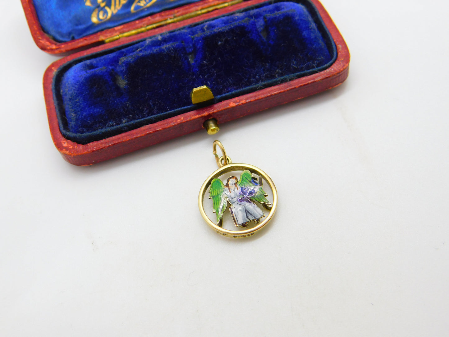 9ct Yellow Gold & Enamel Angel Form Drop Pendant Vintage 1960 Birmingham