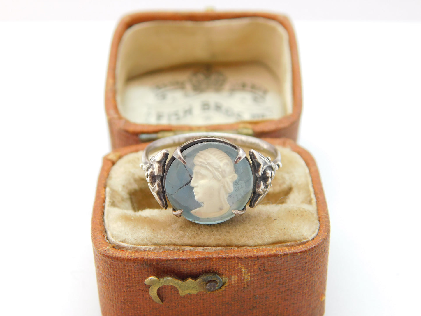 TLM Sterling Silver Glass Classical Cameo Set Signet Ring Antique c1920 Deco