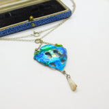 Victorian Art Nouveau Sterling Silver & Blue-Green Enamel Pearl Drop Pendant c1890