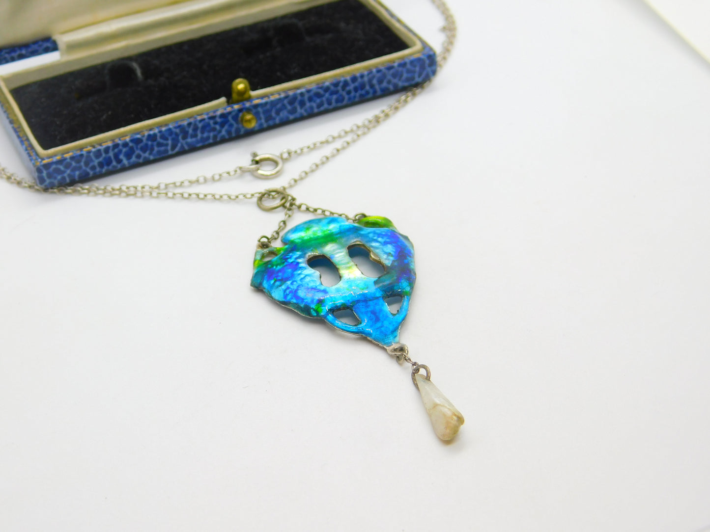 Victorian Art Nouveau Sterling Silver & Blue-Green Enamel Pearl Drop Pendant c1890