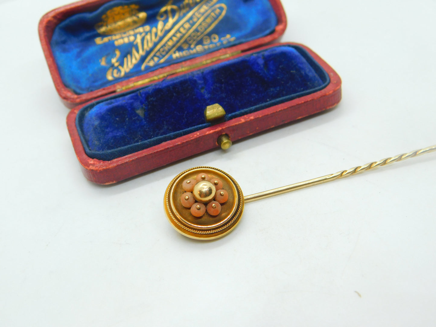 Victorian 18ct Yellow Gold & Coral Set Stick Pin Antique c1880 Etruscan Style