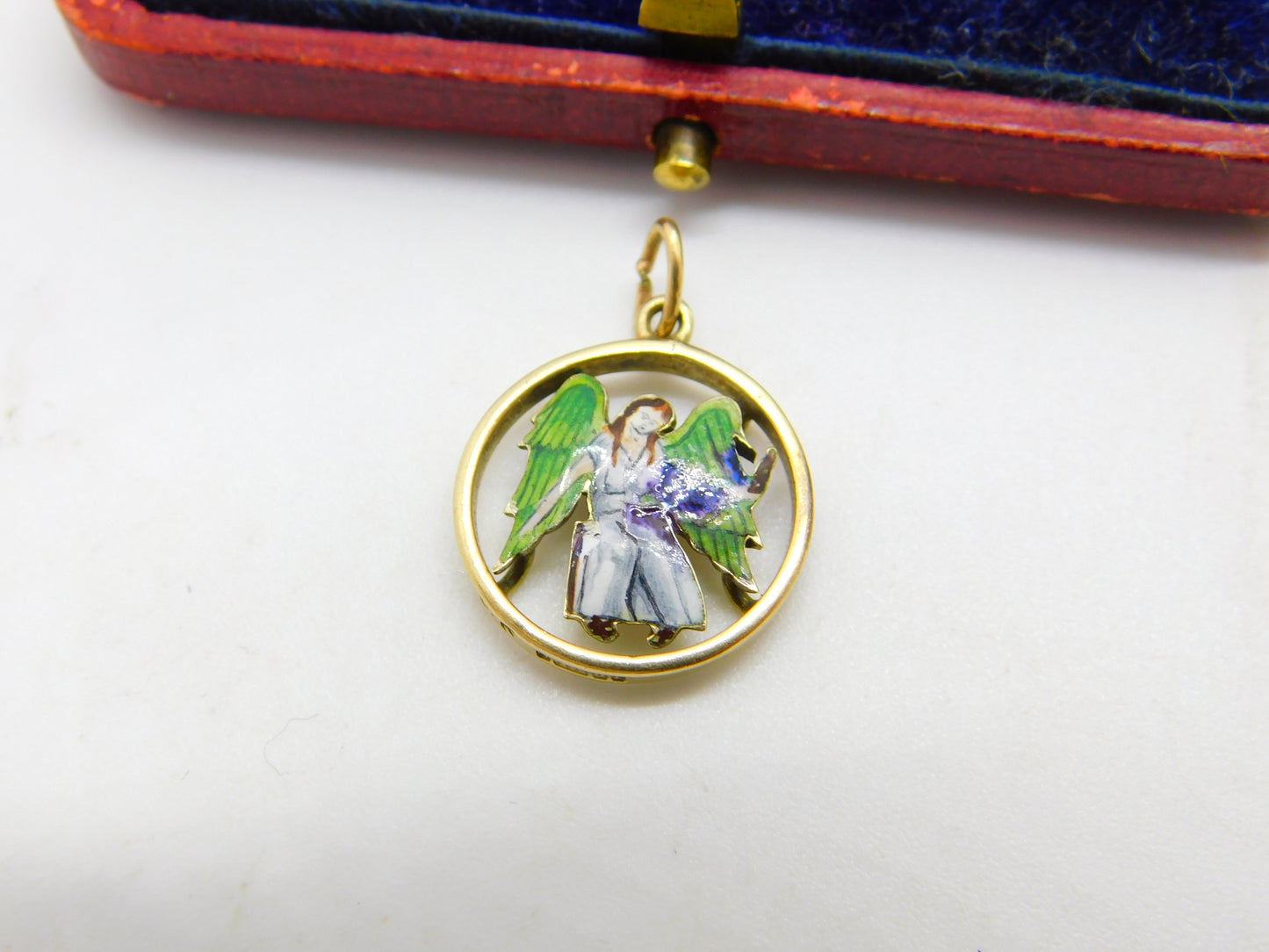 9ct Yellow Gold & Enamel Angel Form Drop Pendant Vintage 1960 Birmingham