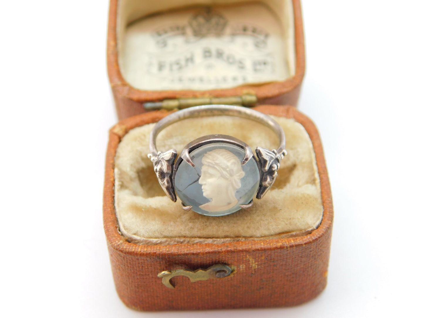 TLM Sterling Silver Glass Classical Cameo Set Signet Ring Antique c1920 Deco