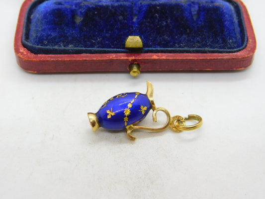 18ct Yellow Gold & Blue Enamel Wine Jug Charm Pendant Vintage c1980