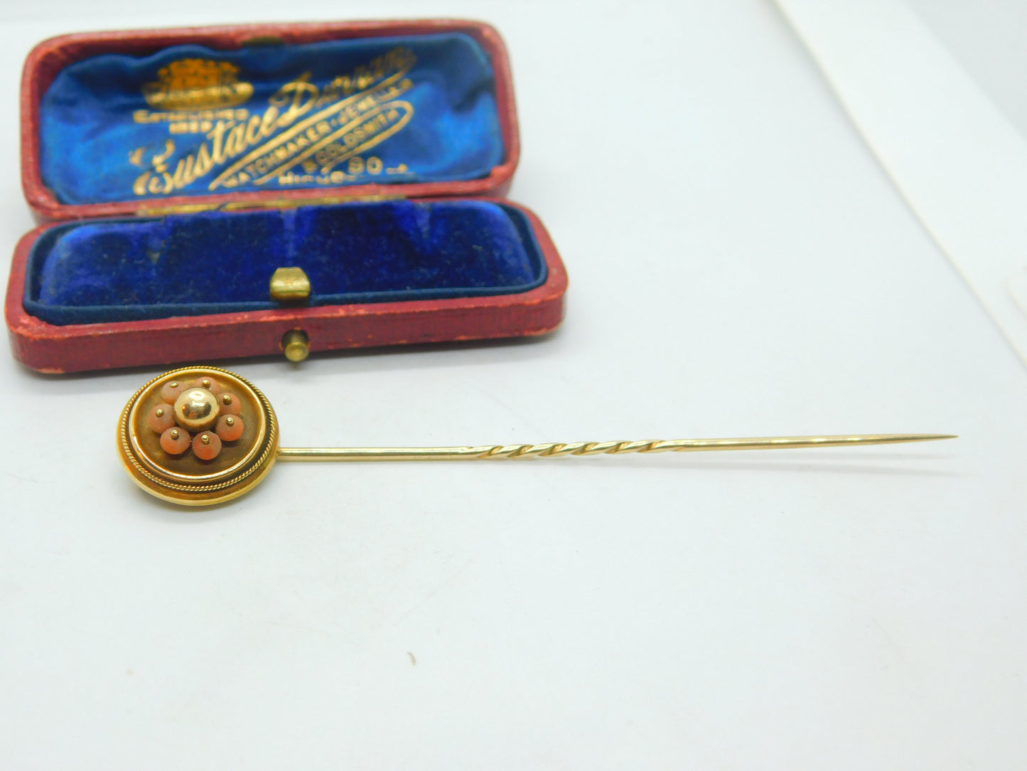 Victorian 18ct Yellow Gold & Coral Set Stick Pin Antique c1880 Etruscan Style