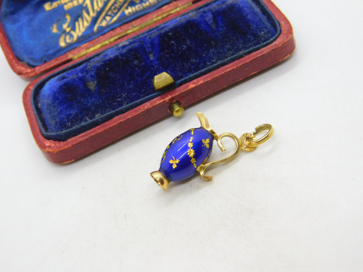 18ct Yellow Gold & Blue Enamel Wine Jug Charm Pendant Vintage c1980