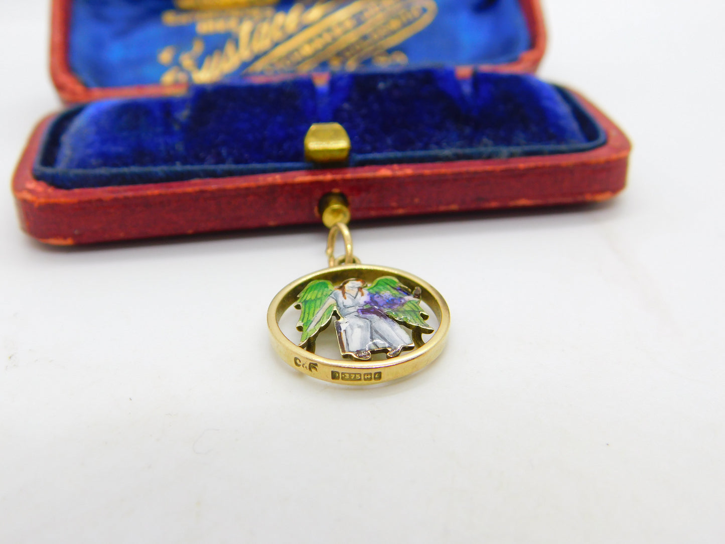 9ct Yellow Gold & Enamel Angel Form Drop Pendant Vintage 1960 Birmingham