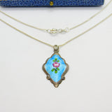 Sterling Silver & Rose Flower Enamel Drop Pendant Necklace Antique c1920 Deco