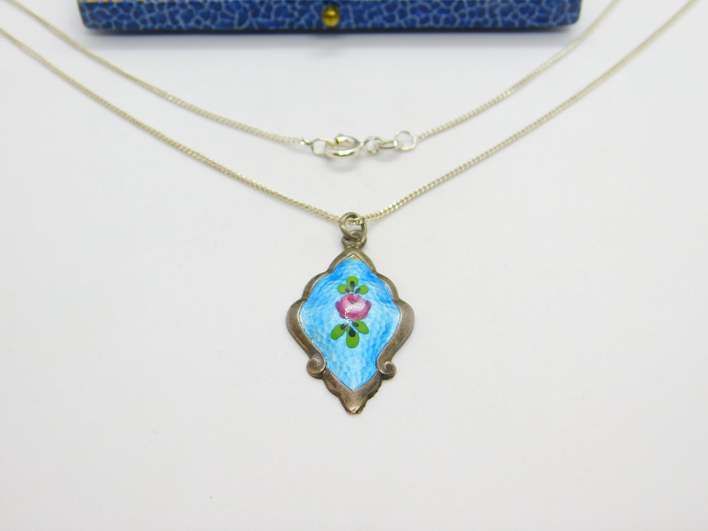 Sterling Silver & Rose Flower Enamel Drop Pendant Necklace Antique c1920 Deco