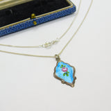 Sterling Silver & Rose Flower Enamel Drop Pendant Necklace Antique c1920 Deco