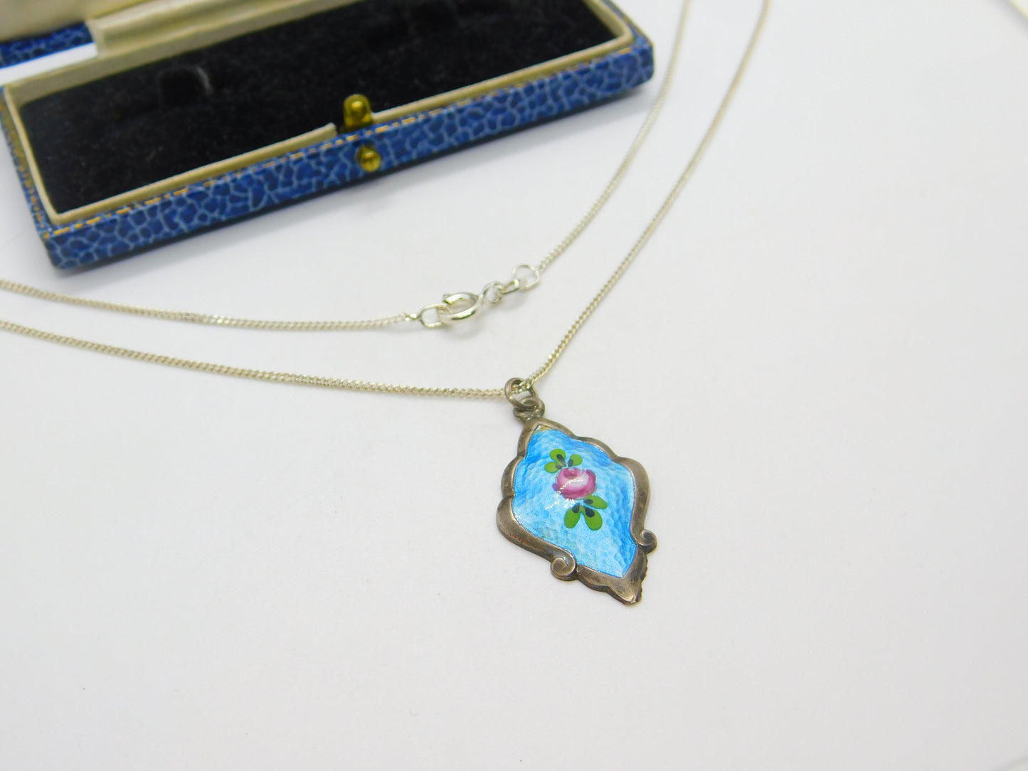 Sterling Silver & Rose Flower Enamel Drop Pendant Necklace Antique c1920 Deco