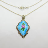 Sterling Silver & Rose Flower Enamel Drop Pendant Necklace Antique c1920 Deco