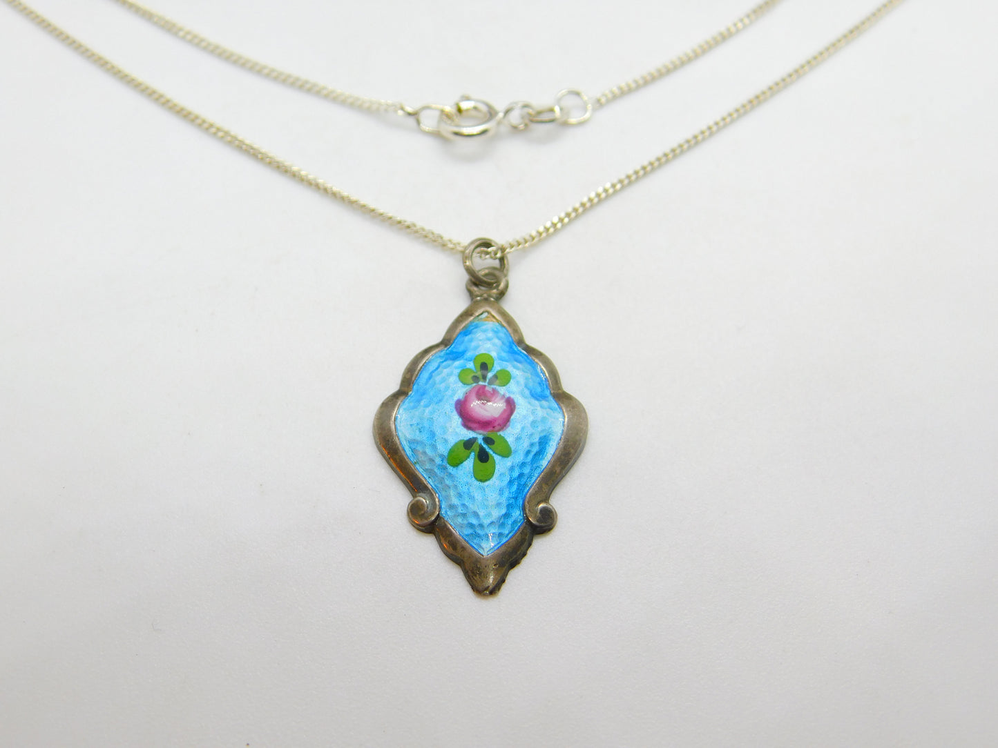 Sterling Silver & Rose Flower Enamel Drop Pendant Necklace Antique c1920 Deco