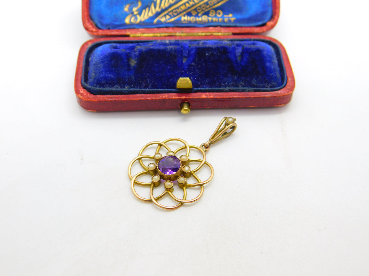 Edwardian 9ct Gold, Amethyst & Seed Pearl Suffragette Lavalier Pendant c1910