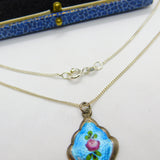 Sterling Silver & Rose Flower Enamel Drop Pendant Necklace Antique c1920 Deco