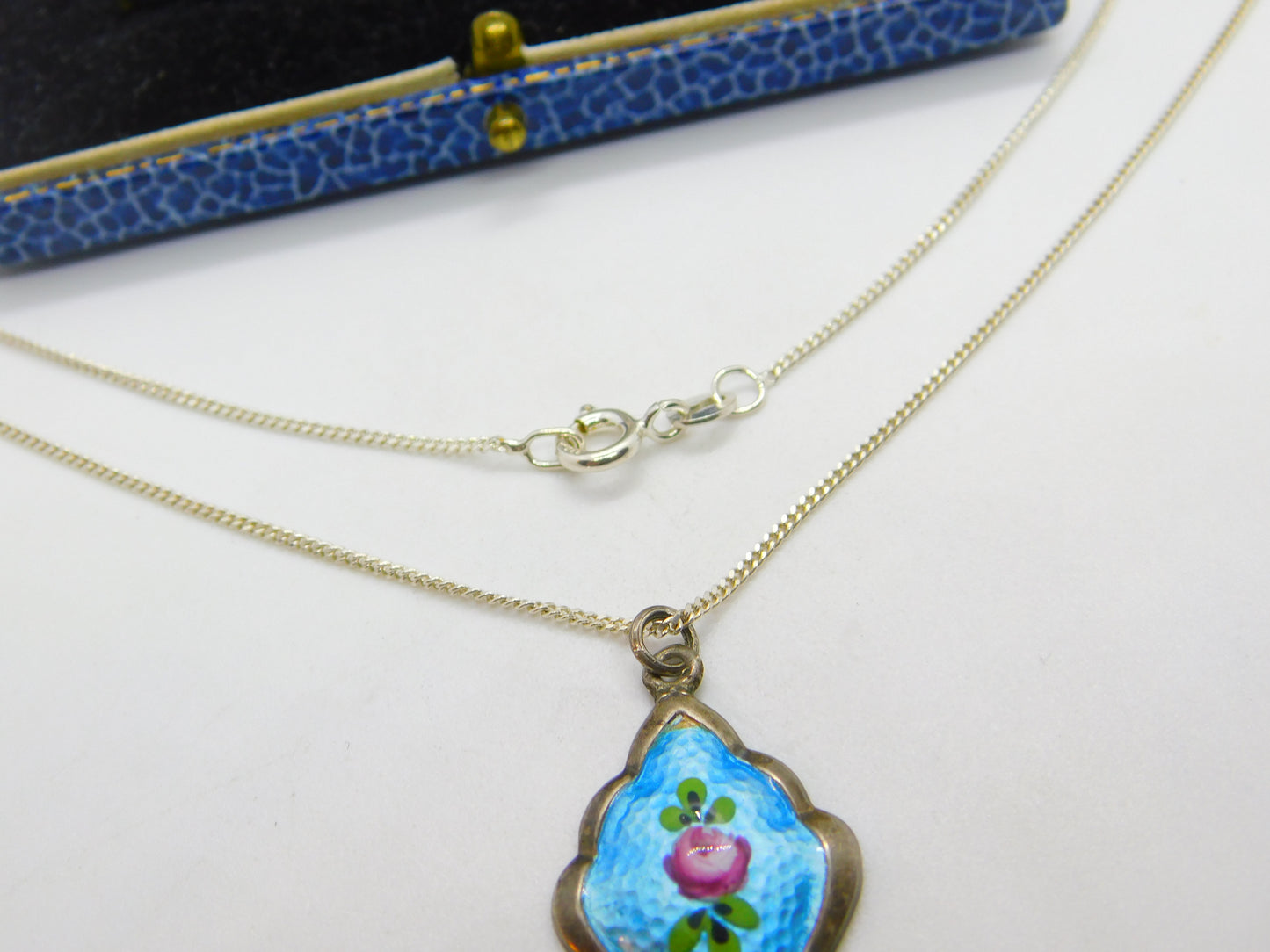 Sterling Silver & Rose Flower Enamel Drop Pendant Necklace Antique c1920 Deco