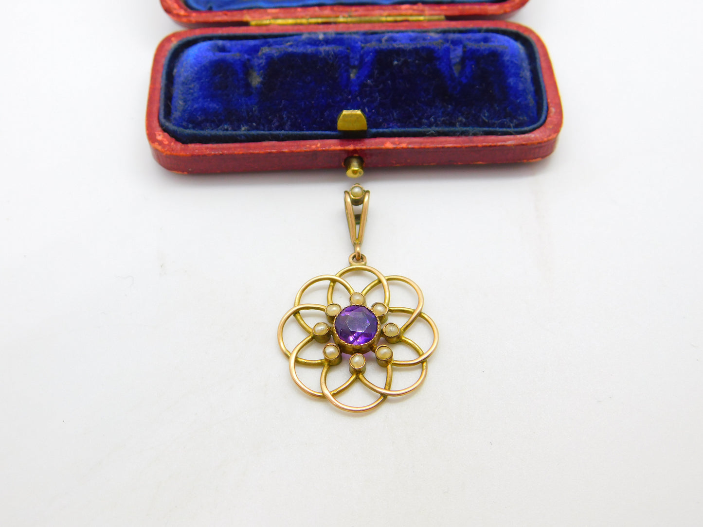 Edwardian 9ct Gold, Amethyst & Seed Pearl Suffragette Lavalier Pendant c1910