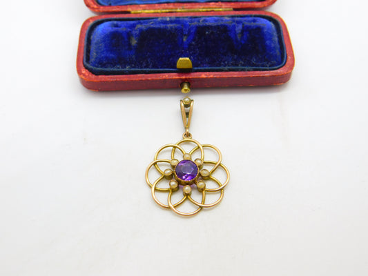 Edwardian 9ct Gold, Amethyst & Seed Pearl Suffragette Lavalier Pendant c1910