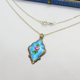 Sterling Silver & Rose Flower Enamel Drop Pendant Necklace Antique c1920 Deco