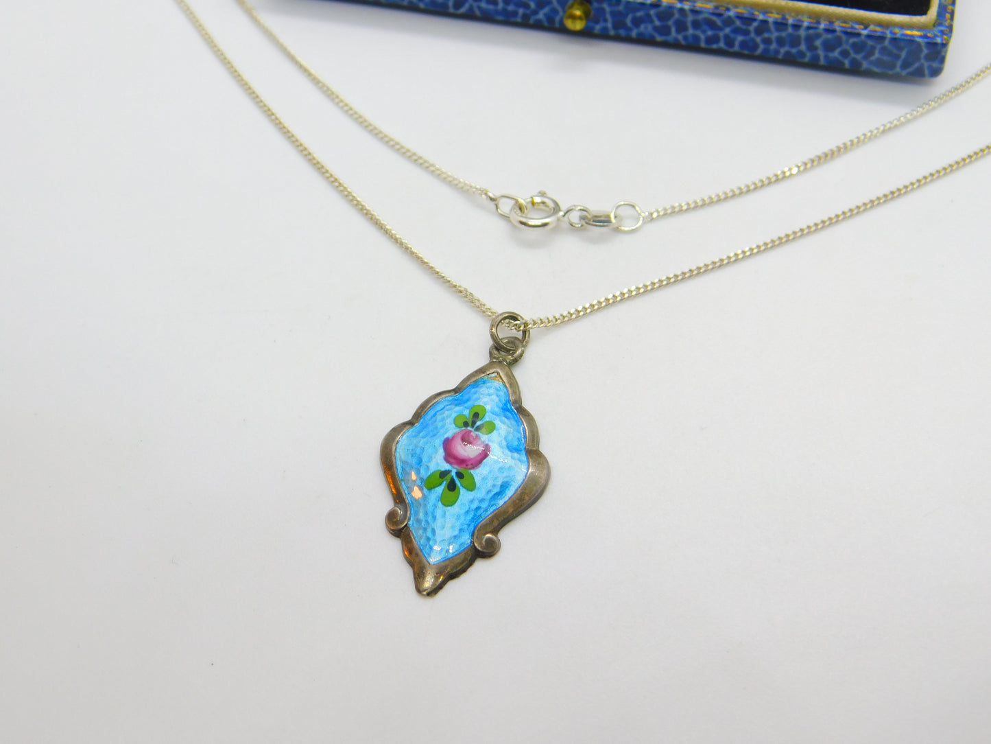 Sterling Silver & Rose Flower Enamel Drop Pendant Necklace Antique c1920 Deco