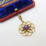 Edwardian 9ct Gold, Amethyst & Seed Pearl Suffragette Lavalier Pendant c1910