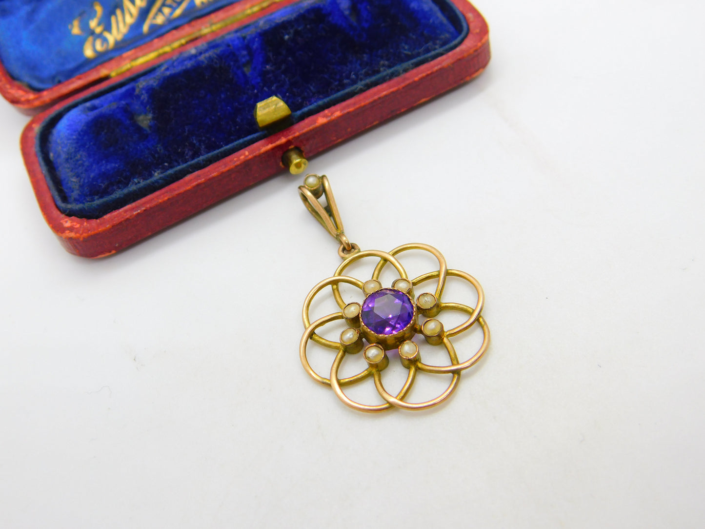 Edwardian 9ct Gold, Amethyst & Seed Pearl Suffragette Lavalier Pendant c1910