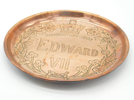 Arts & Crafts Copper King Edward VII Coronation Celebration Charger Antique 1902