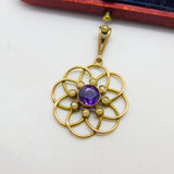 Edwardian 9ct Gold, Amethyst & Seed Pearl Suffragette Lavalier Pendant c1910