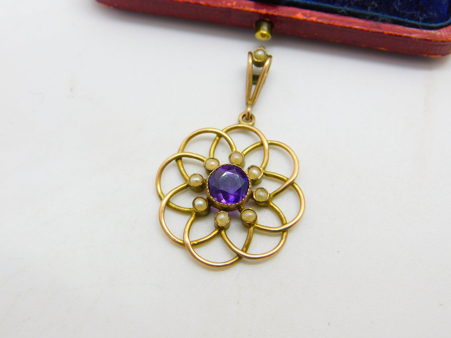 Edwardian 9ct Gold, Amethyst & Seed Pearl Suffragette Lavalier Pendant c1910