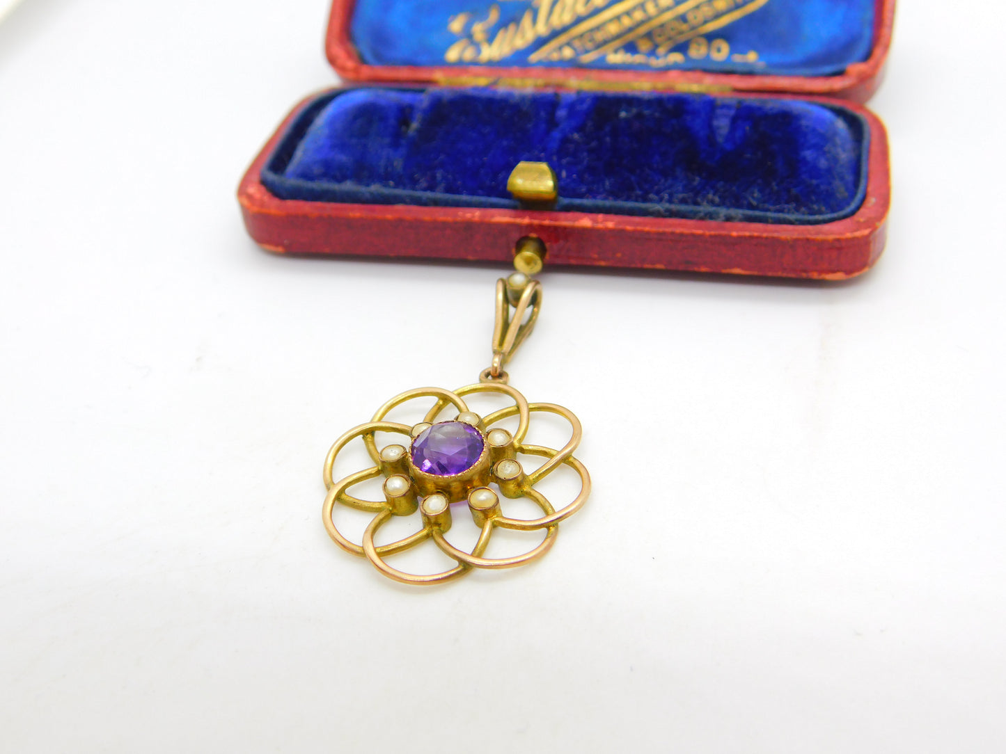 Edwardian 9ct Gold, Amethyst & Seed Pearl Suffragette Lavalier Pendant c1910