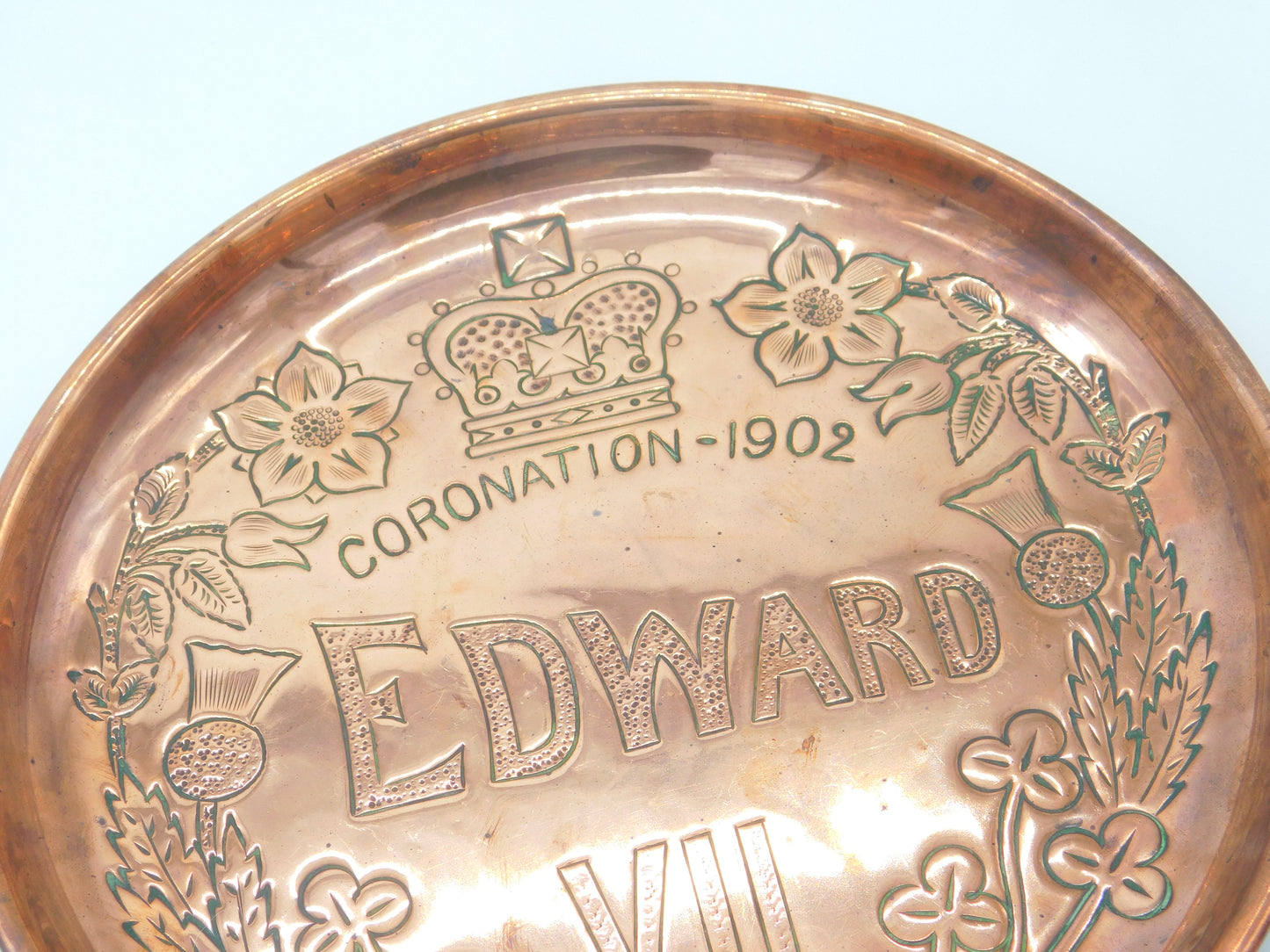 Arts & Crafts Copper King Edward VII Coronation Celebration Charger Antique 1902