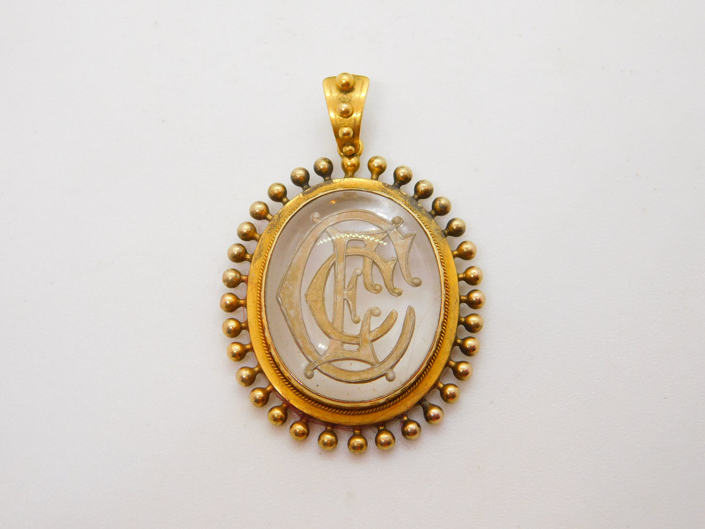 Victorian 15ct Gold Mounted Essex Crystal Monogram Drop Pendant Antique c1840