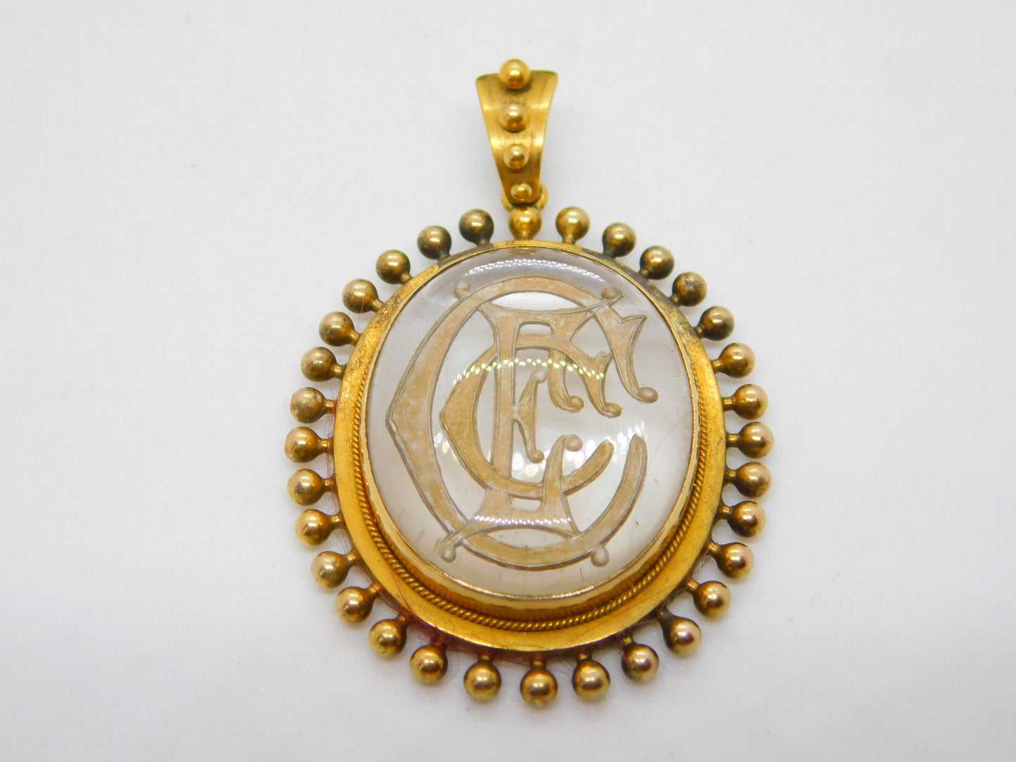 Victorian 15ct Gold Mounted Essex Crystal Monogram Drop Pendant Antique c1840