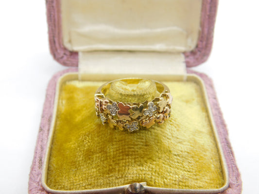 9ct Yellow Gold, Floral Pattern Diamond Set Band Ring Vintage c1980