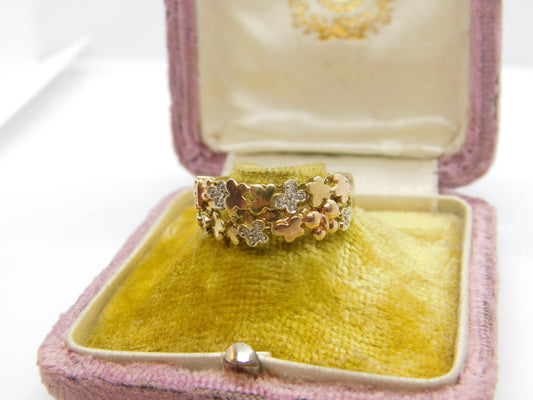 9ct Yellow Gold, Floral Pattern Diamond Set Band Ring Vintage c1980