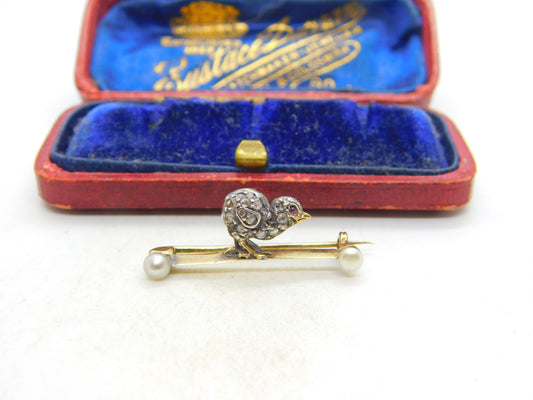 Victorian 18ct Gold, Pearl & Old-Mine Cut Diamond Baby Chick Brooch c1860 Antique