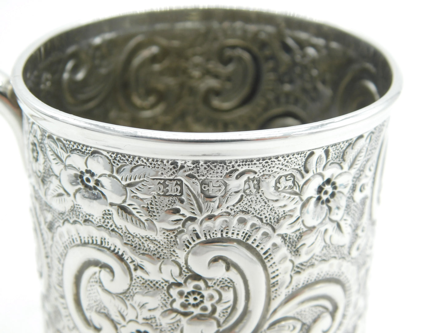 Victorian Sterling Silver Floral Pattern Christening Mug Antique 1897 Birmingham