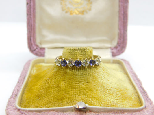 9ct Yellow Gold, Amethyst & Diamond Paste Seven-Stone Ring Vintage c1970